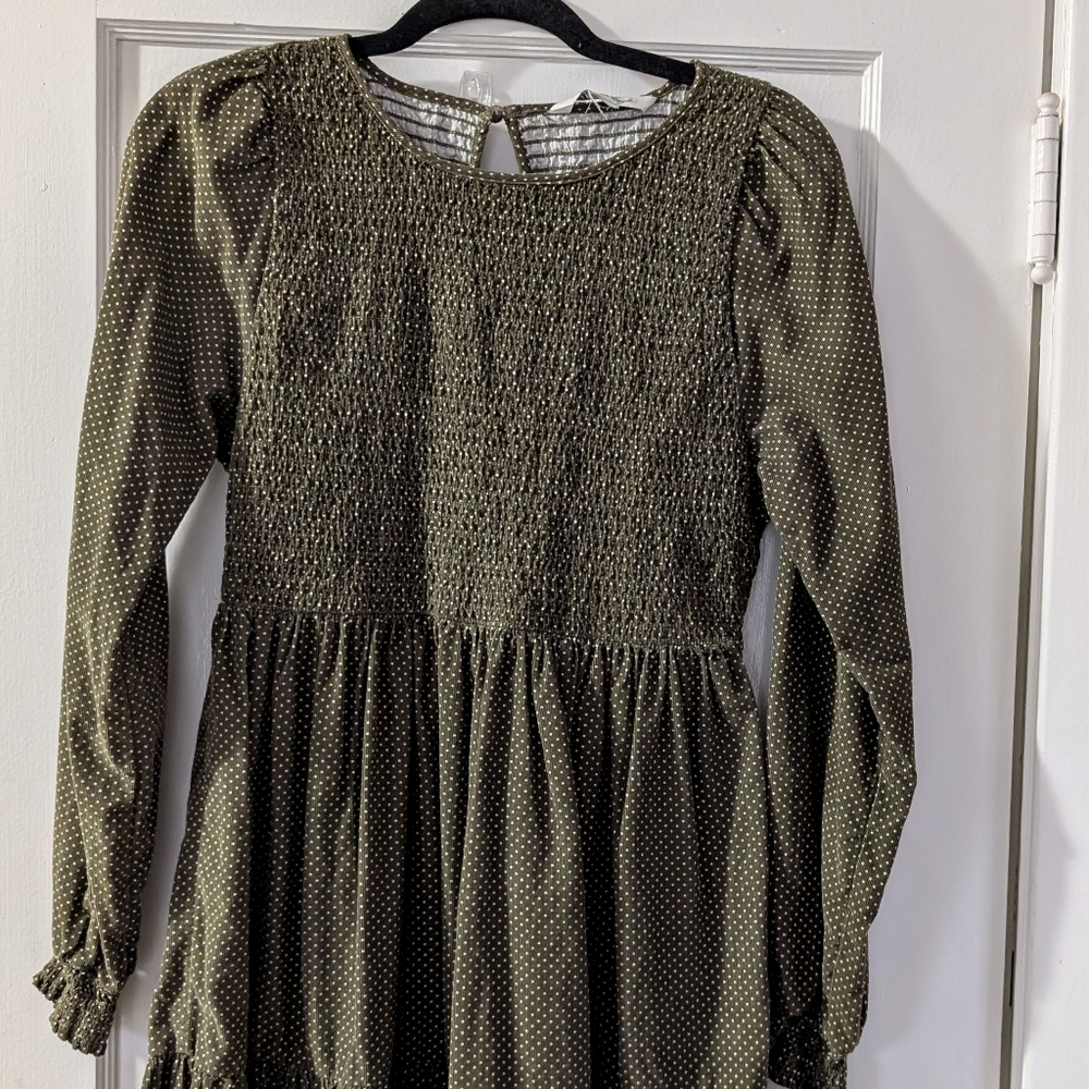 Juniors Green Long Sleeve Dress with Polka Dots